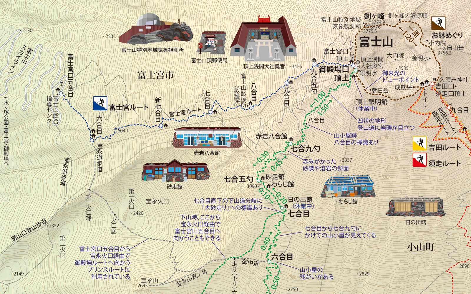 地図制作　富士山　４大ルート　富士登山ルートマップ